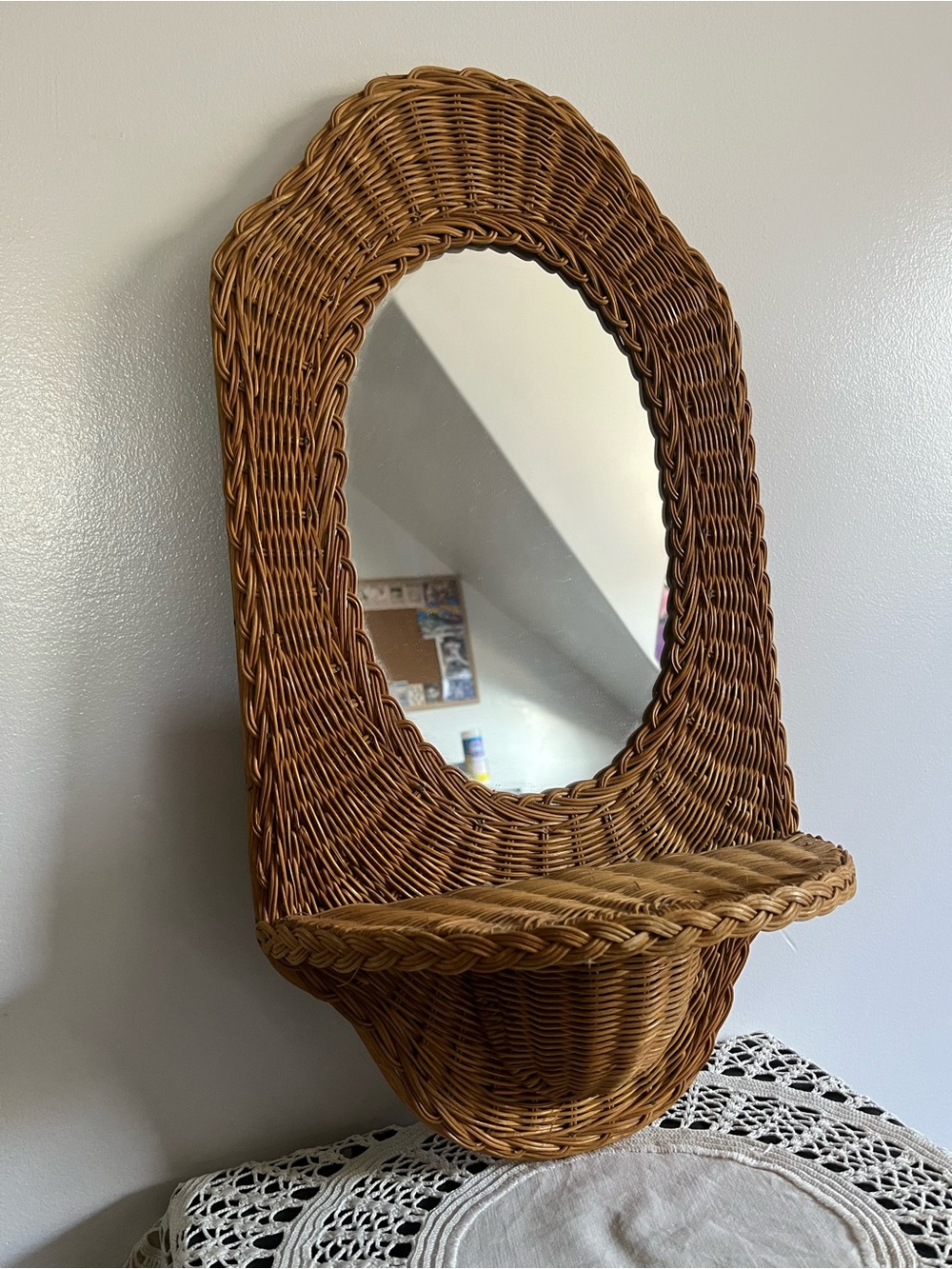 Vintage wicker wall mirror with shelf